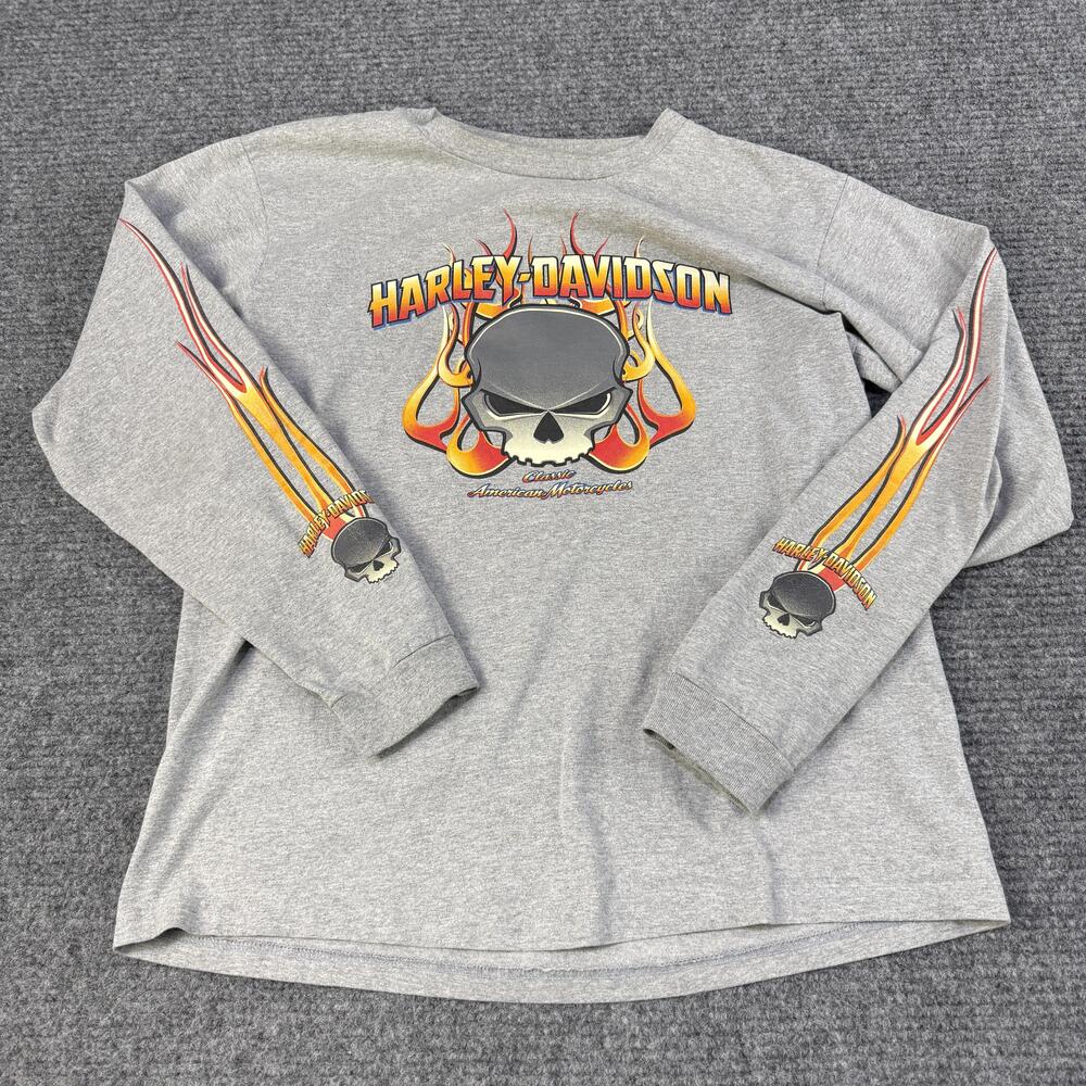 Vintage Harley Davidson Shirt Mens Large Gray Flames Skull Henderson 2000s Y2K